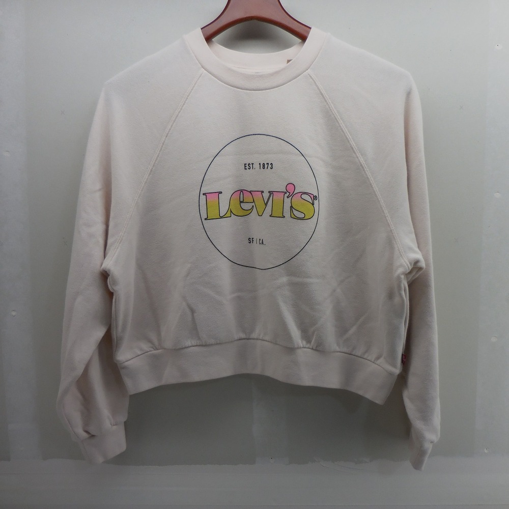 Levis Womens Small Cream Cropped Graphic Logo Raglan Sweatshirt Pullover